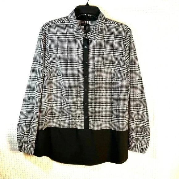 Talbots Size Large Top Popover Blouse Button Roll Tab Black White Houndstooth - Picture 1 of 9